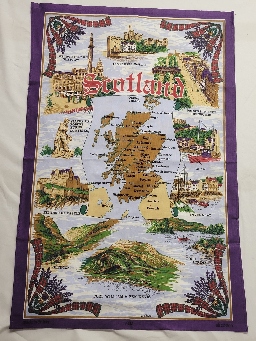 Vintage Scotland Souvenir Tea Towel Map Cotton Purple Border Made in Britain